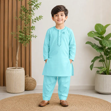 Boy's Cotton Embroidered Kurta Shalwar Set Blue