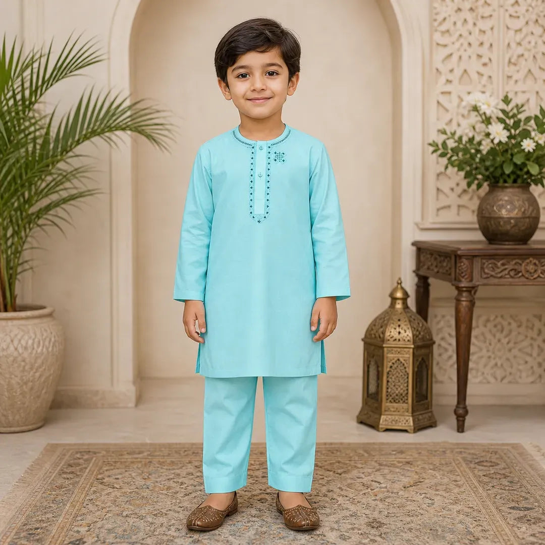 Boy's Cotton Embroidered Kurta Shalwar Set Blue