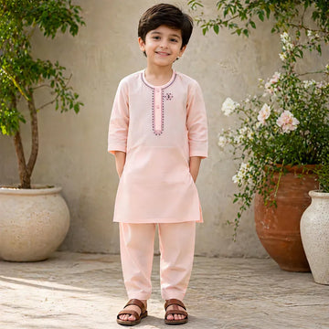 Boy's Cotton Embroidered Kurta Shalwar Set Pink
