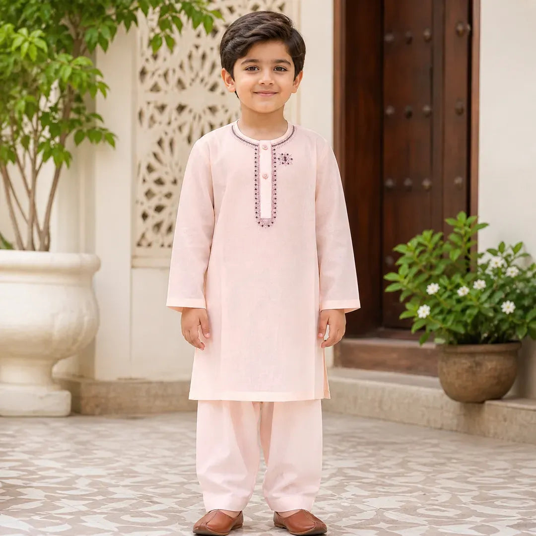 Boy's Cotton Embroidered Kurta Shalwar Set Pink