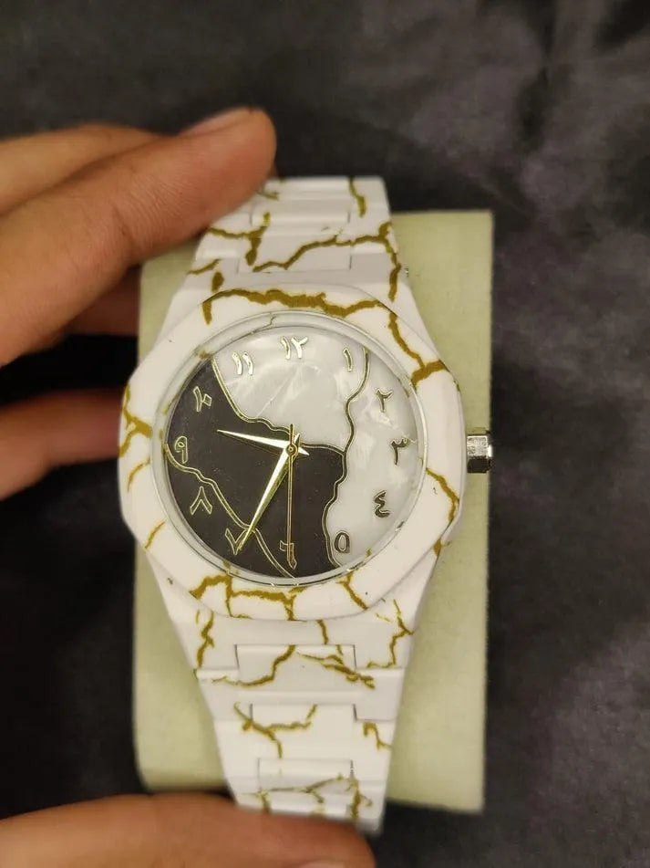 Men's Carbon Fiber Marble Watch White Gold
