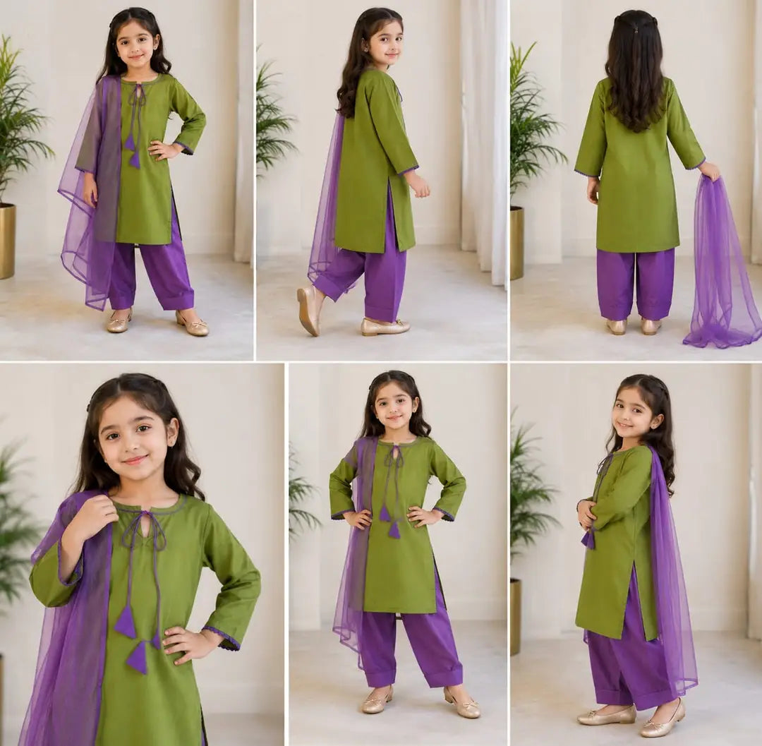 3 Pcs Girl's Cotton Plain Kurta And Shalwar Suit