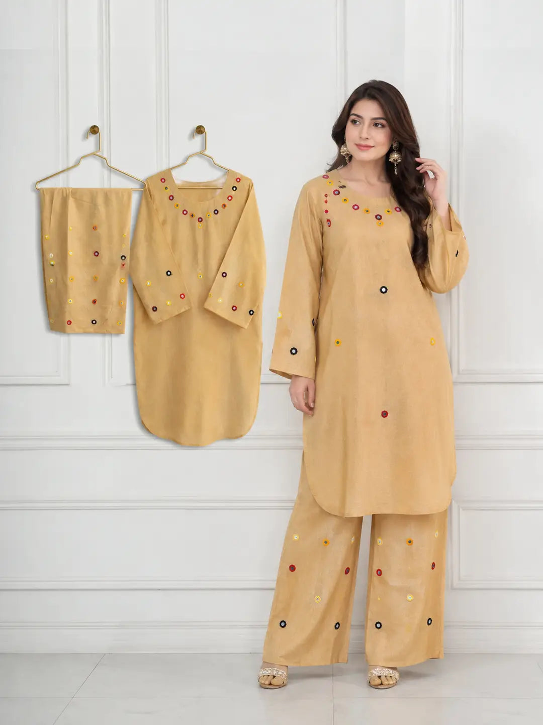 2Pcs Women's Stitched Cotton Lawn Hand Work Shirt And Trouser with Mirror work