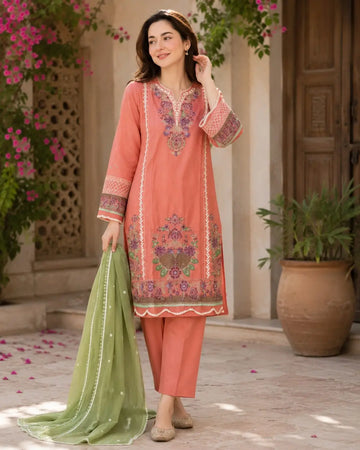 3 Pcs Women's Stitched Cotton Lawn Embroidered Suit