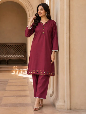 2 Pcs Women's Stitched Linen Plain Shirt And Trouser
