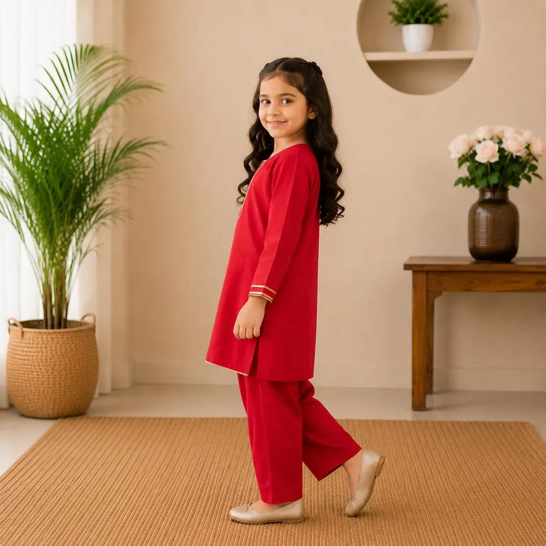 Girl's Classic Red Kurta And Trouser Set - 2 Pcs